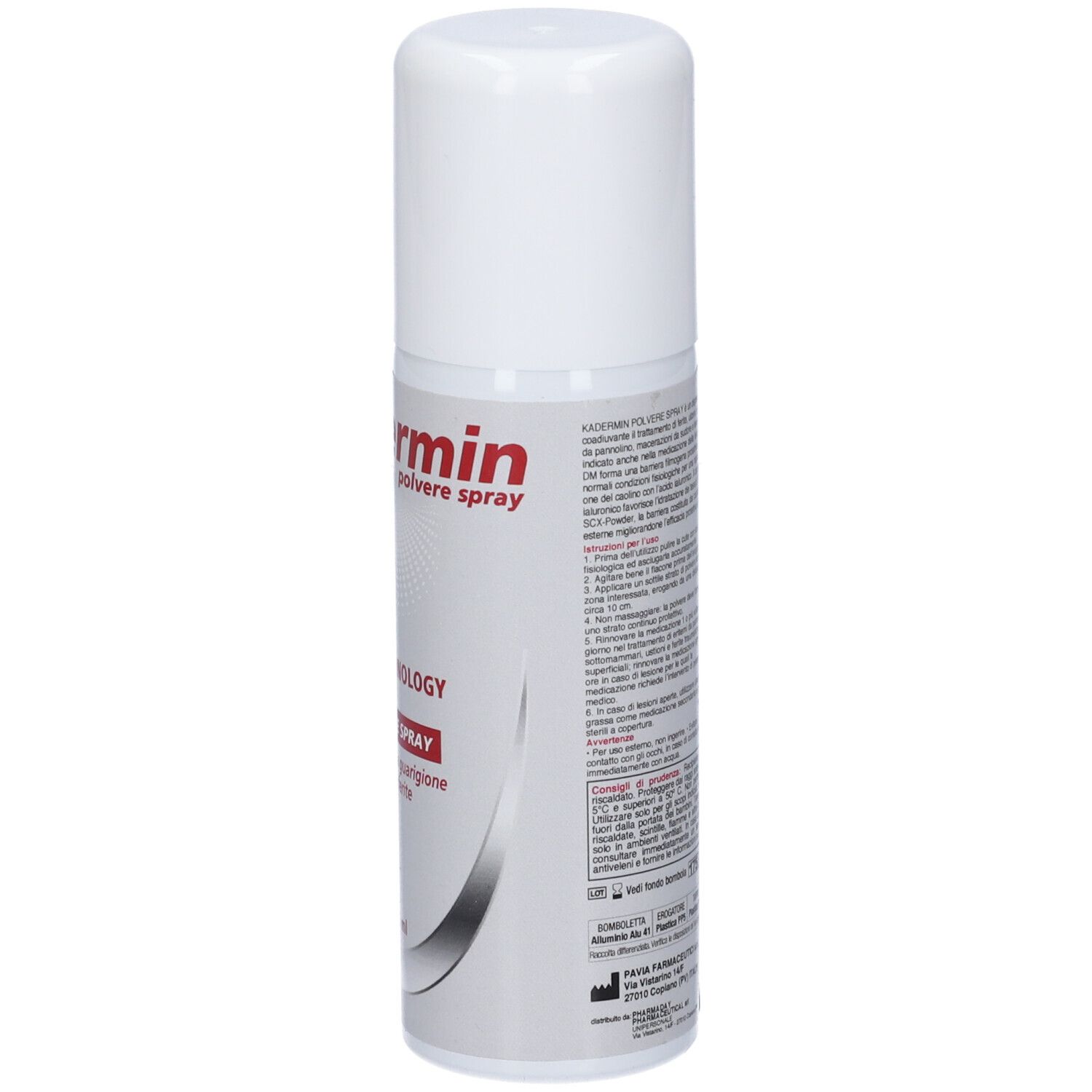 Spray bianco, retro con testo. Contiene avvertenze, ingredienti e marchio CE.