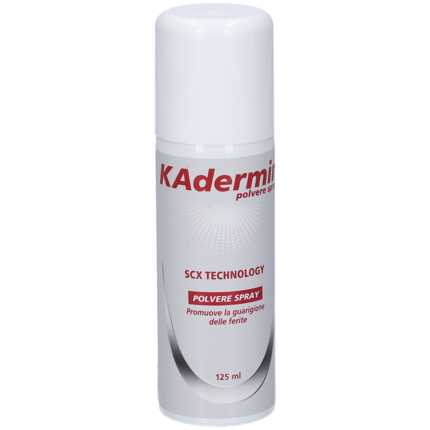 Spray bianco con testo rosso. Scritta: KAderm, SCX TECHNOLOGY, Polvere Spray, 125 ml.