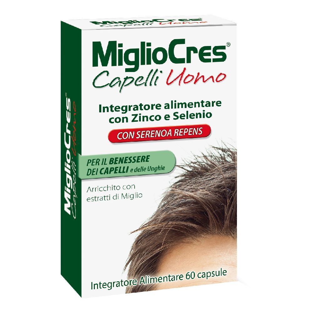 Scatola bianca e verde con nome e testo del prodotto. Contiene 60 capsule. Immagine di un uomo con i capelli.
