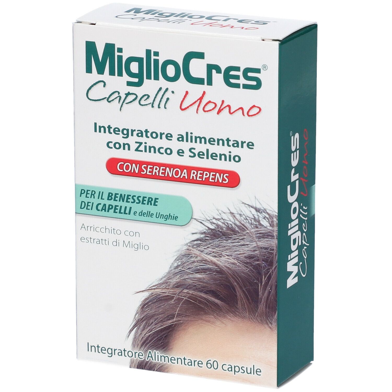 Scatola bianca e verde con nome e testo del prodotto. Contiene 60 capsule. Immagine di un uomo con i capelli.