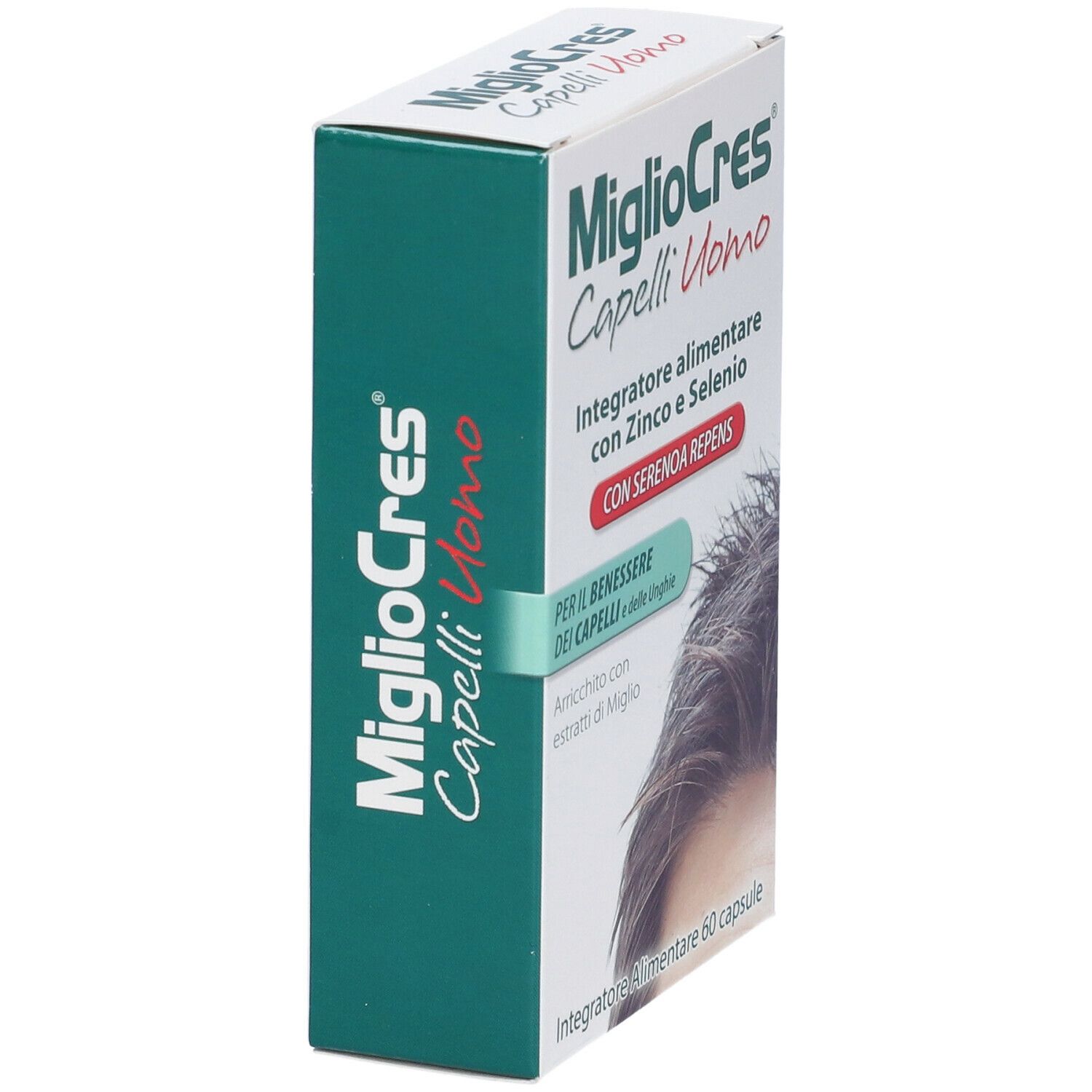 Scatola bianca e verde con nome e testo del prodotto. Contiene 60 capsule. Immagine di un uomo con i capelli.
