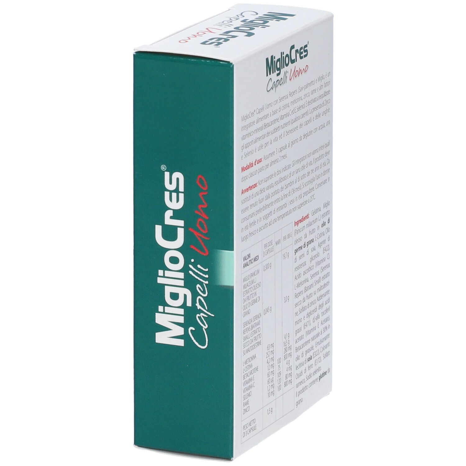 Scatola bianca e verde con informazioni sul prodotto sul retro. Contiene 60 capsule. Testo e ingredienti.