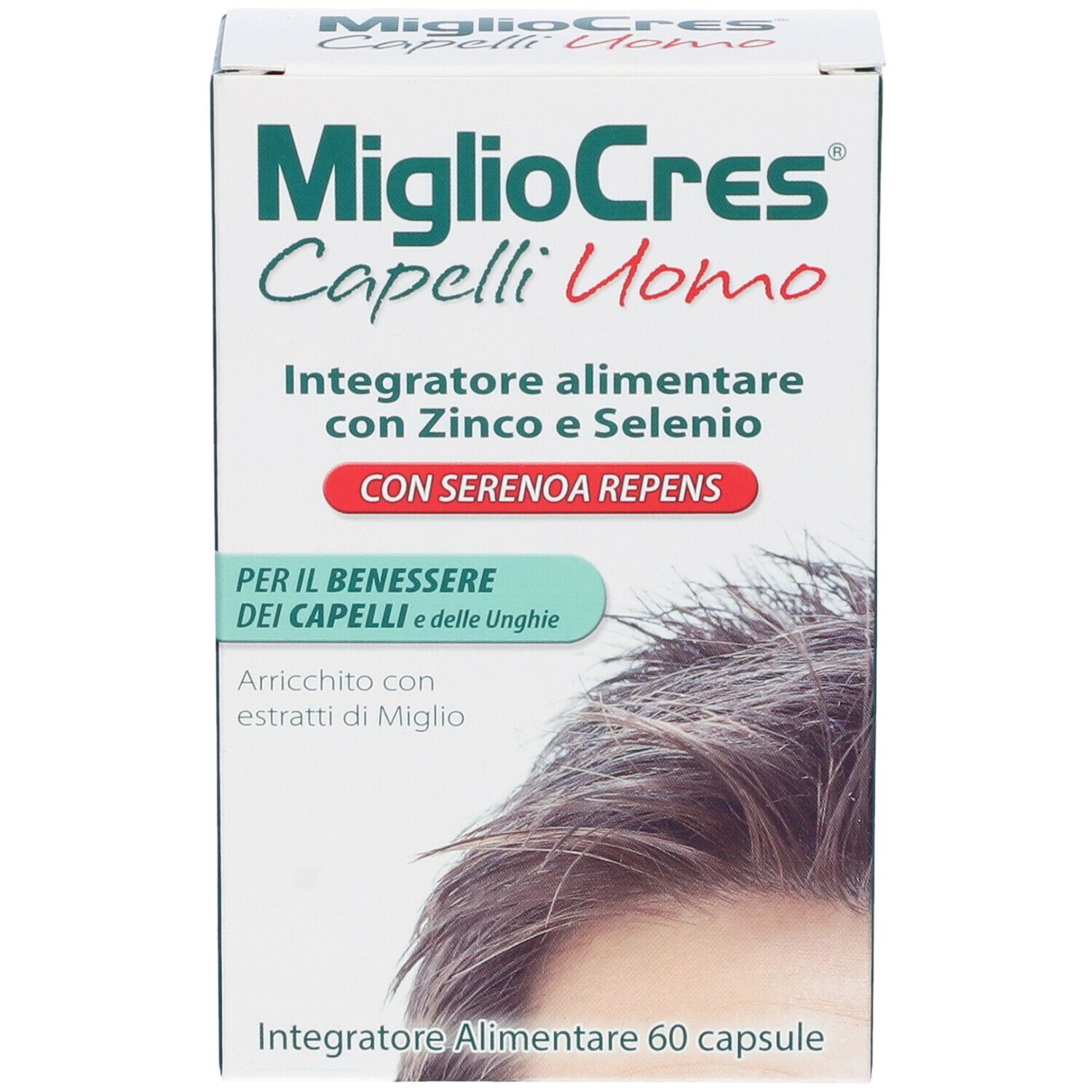 Scatola bianca e verde con nome e testo del prodotto. Contiene 60 capsule. Immagine di un uomo con i capelli.