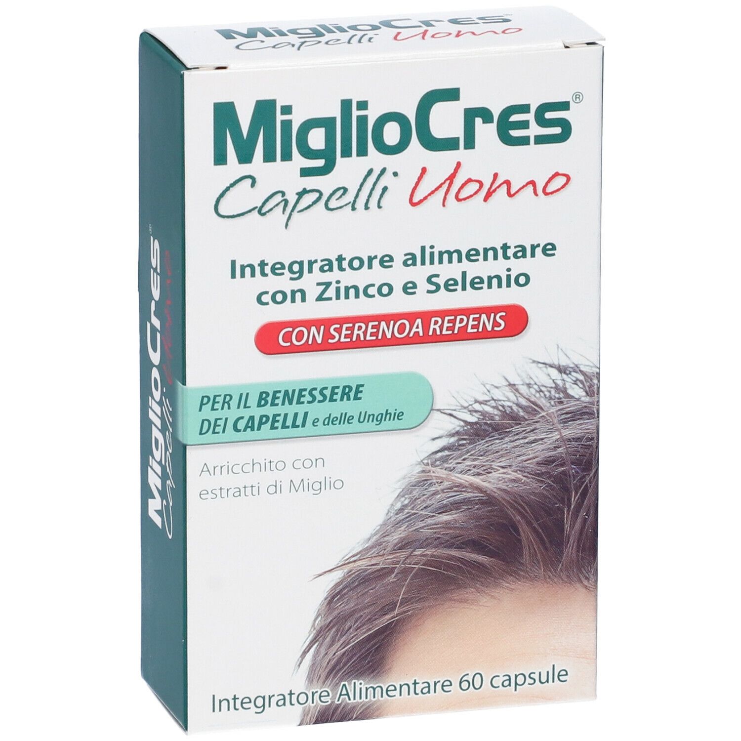 Scatola bianca e verde con nome e testo del prodotto. Contiene 60 capsule. Immagine di un uomo con i capelli.