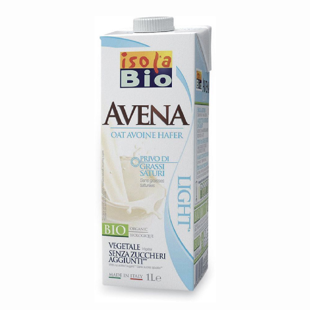 Confezione di Avena Light Isola Bio. Scritta: Oat Avoine Hafer, Light, Bio, senza zuccheri aggiunti, vegetale. Contiene 1L.