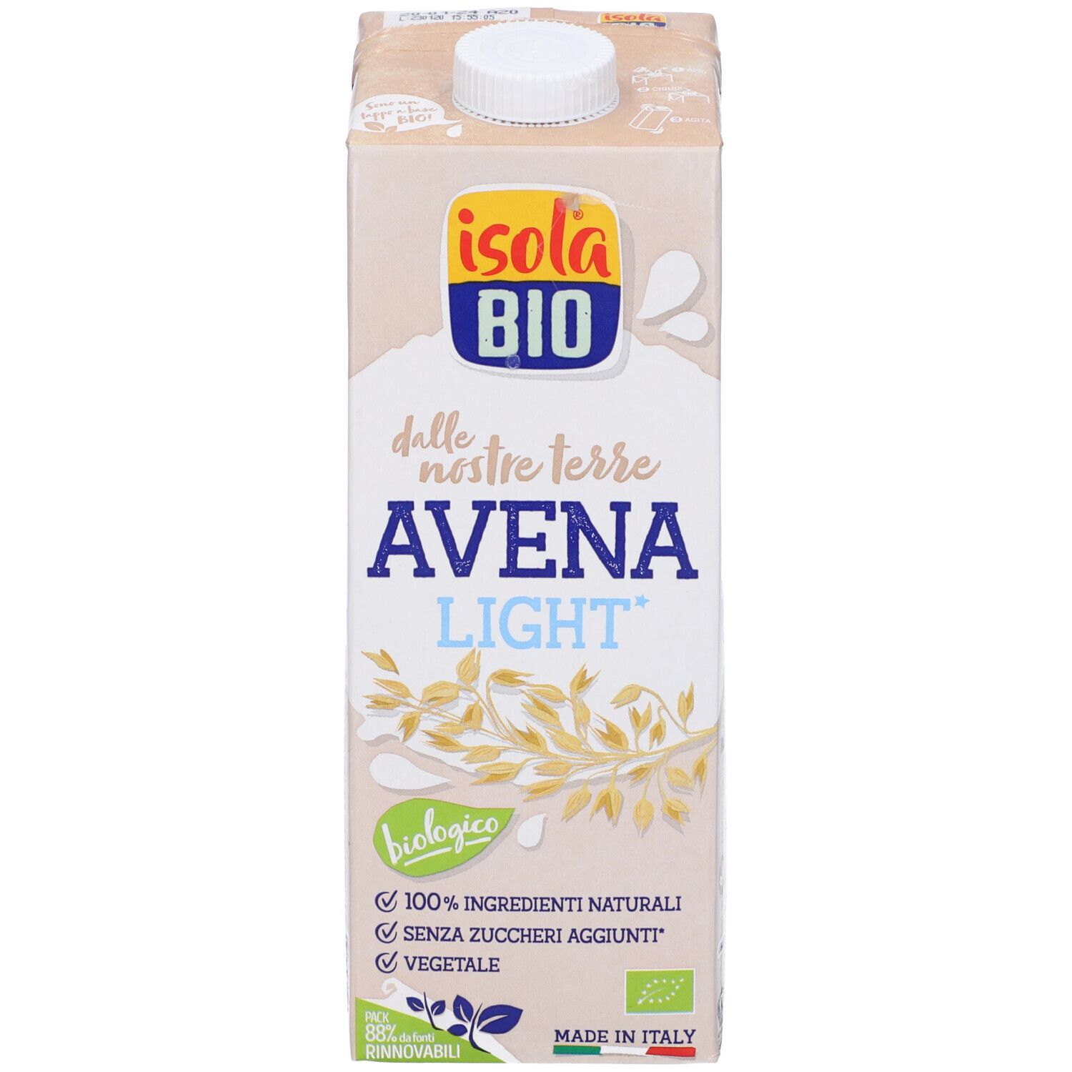 Confezione di Avena Light Isola Bio. Scritta: Avena Light, biologico, 100% ingredienti naturali, senza zuccheri aggiunti, vegetale.