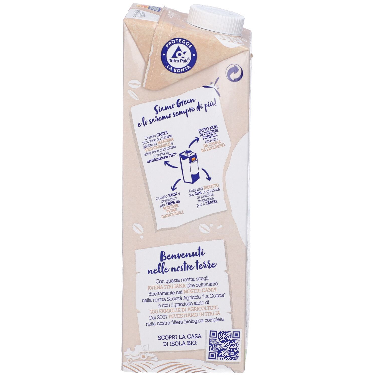 Retro della confezione di Avena Light. Testo su sostenibilità e origine. Codice QR. Marca Isola Bio. 1L. Sigillo bio.