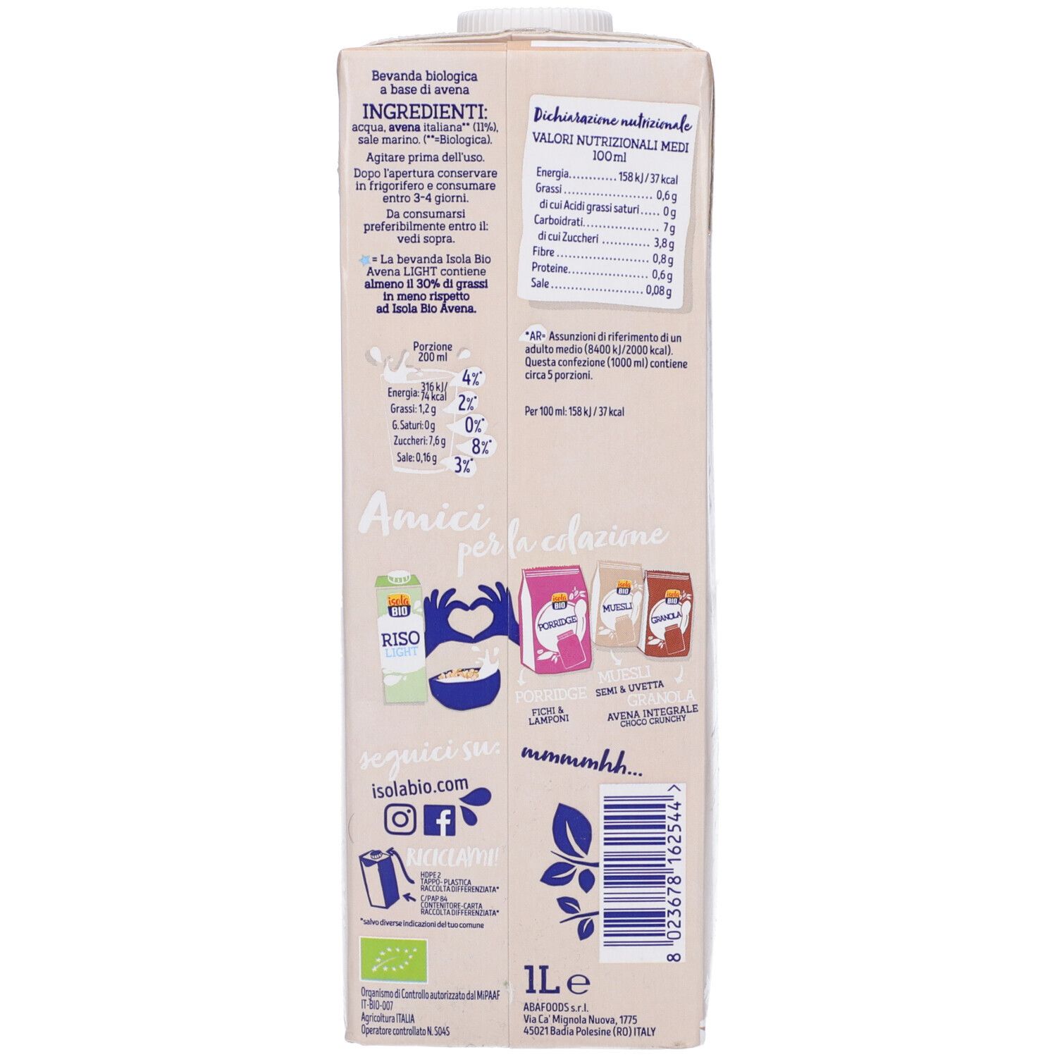 Retro della confezione di Avena Light. Informazioni nutrizionali. Marca Isola Bio. Sigillo bio. 1L. Altri prodotti: riso, mandorla, cocco, avena.