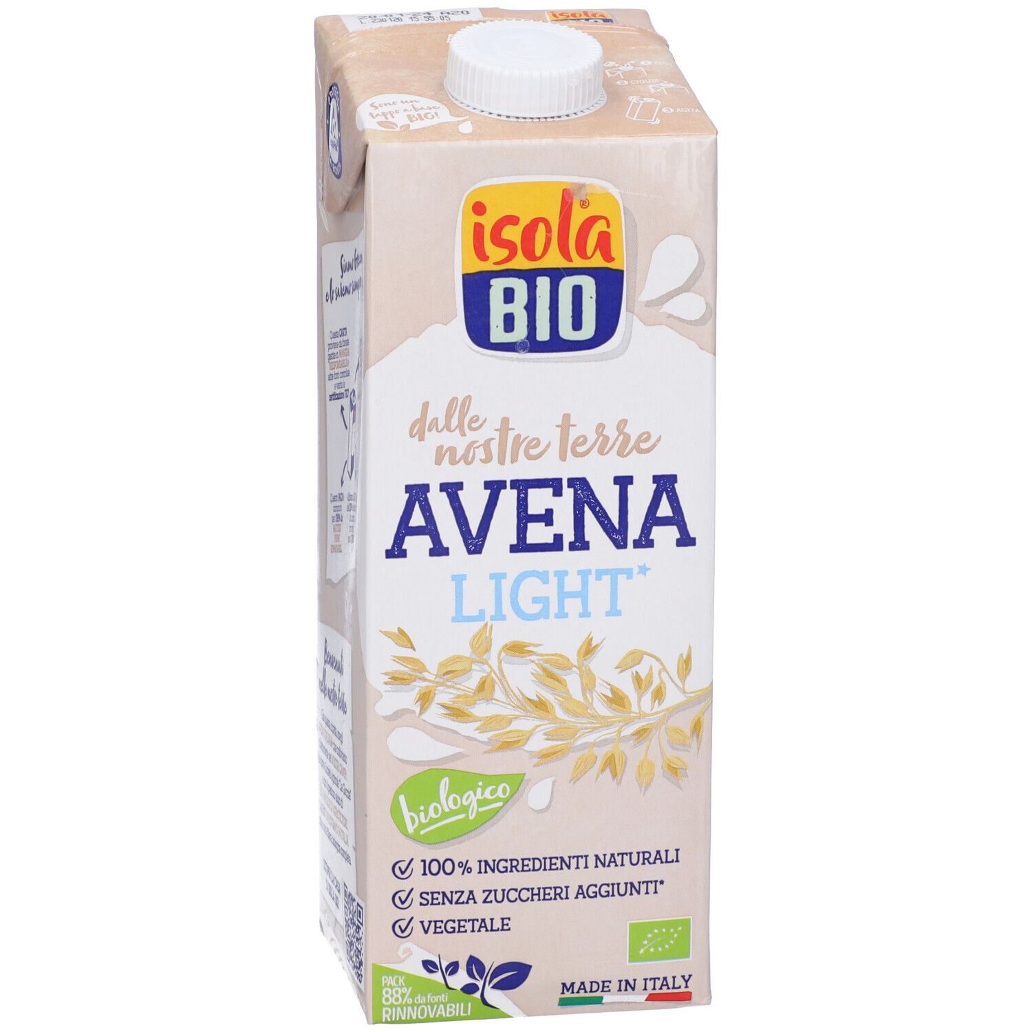 Confezione di Avena Light Isola Bio. Scritta: Avena Light, biologico, 100% ingredienti naturali, senza zuccheri aggiunti, vegetale.