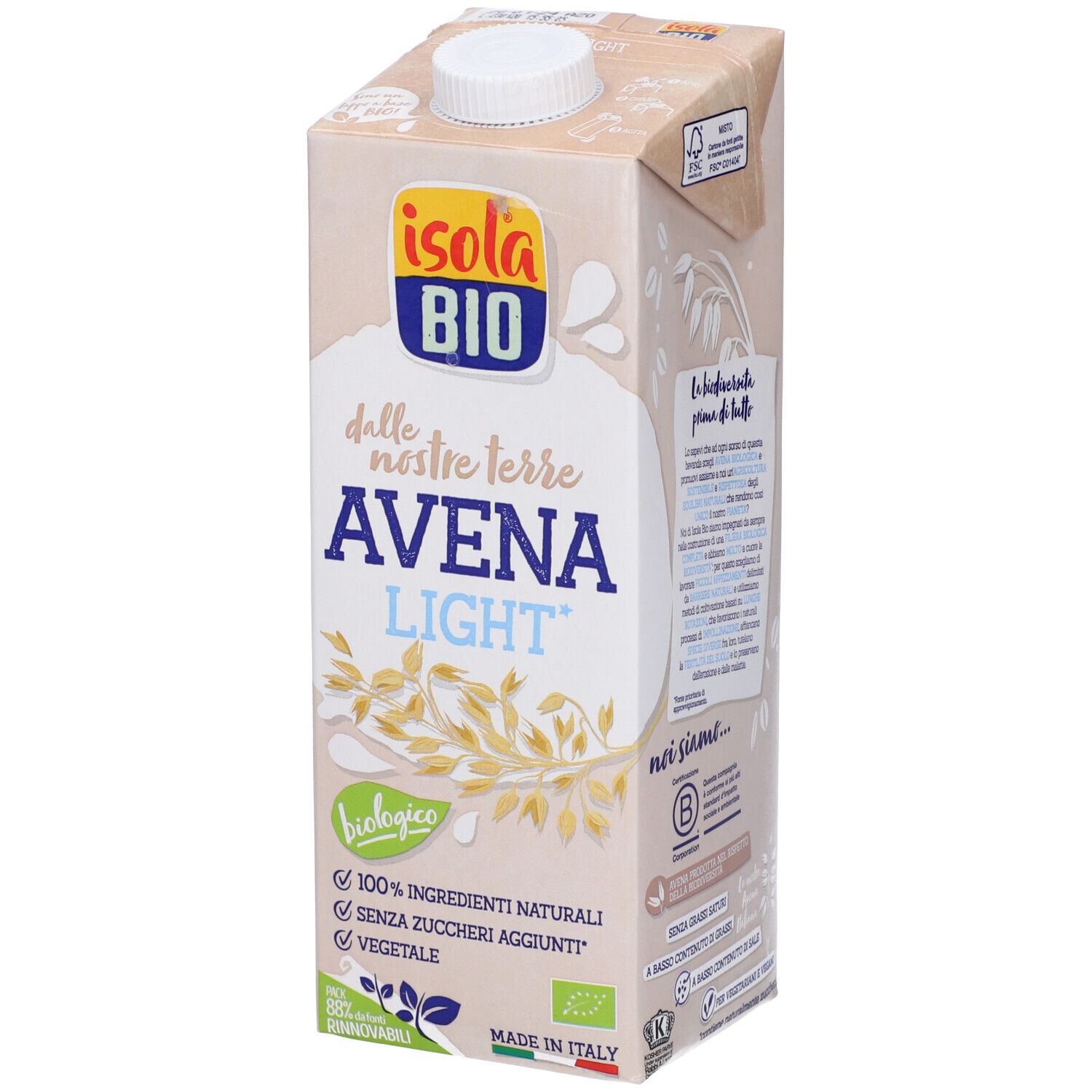 Confezione di Avena Light Isola Bio. Scritta: Avena Light, biologico, 100% ingredienti naturali, senza zuccheri aggiunti, vegetale.