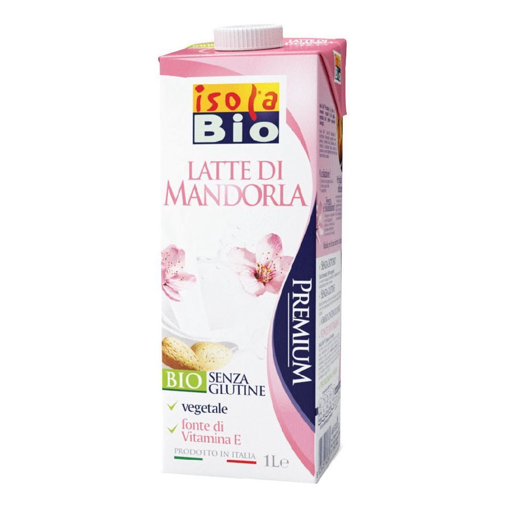Confezione rosa "Isola Bio" con "Latte di Mandorla". Bio, senza glutine, vitamina E. 1 litro. Scatola di cartone.