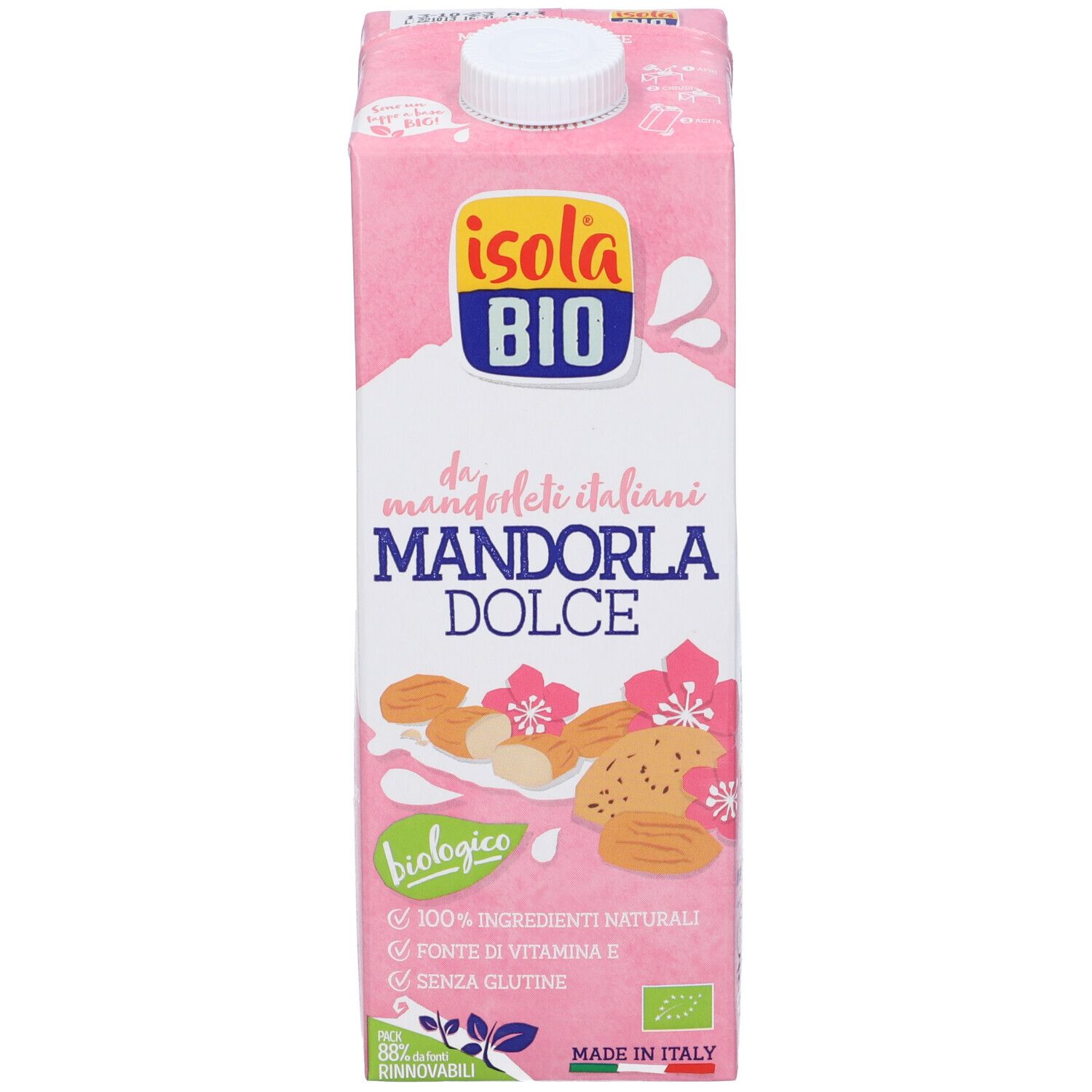 Confezione rosa "Isola Bio" con "Mandorla Dolce". Biologico, 100% naturale, vitamina E, senza glutine. Mandorle italiane.
