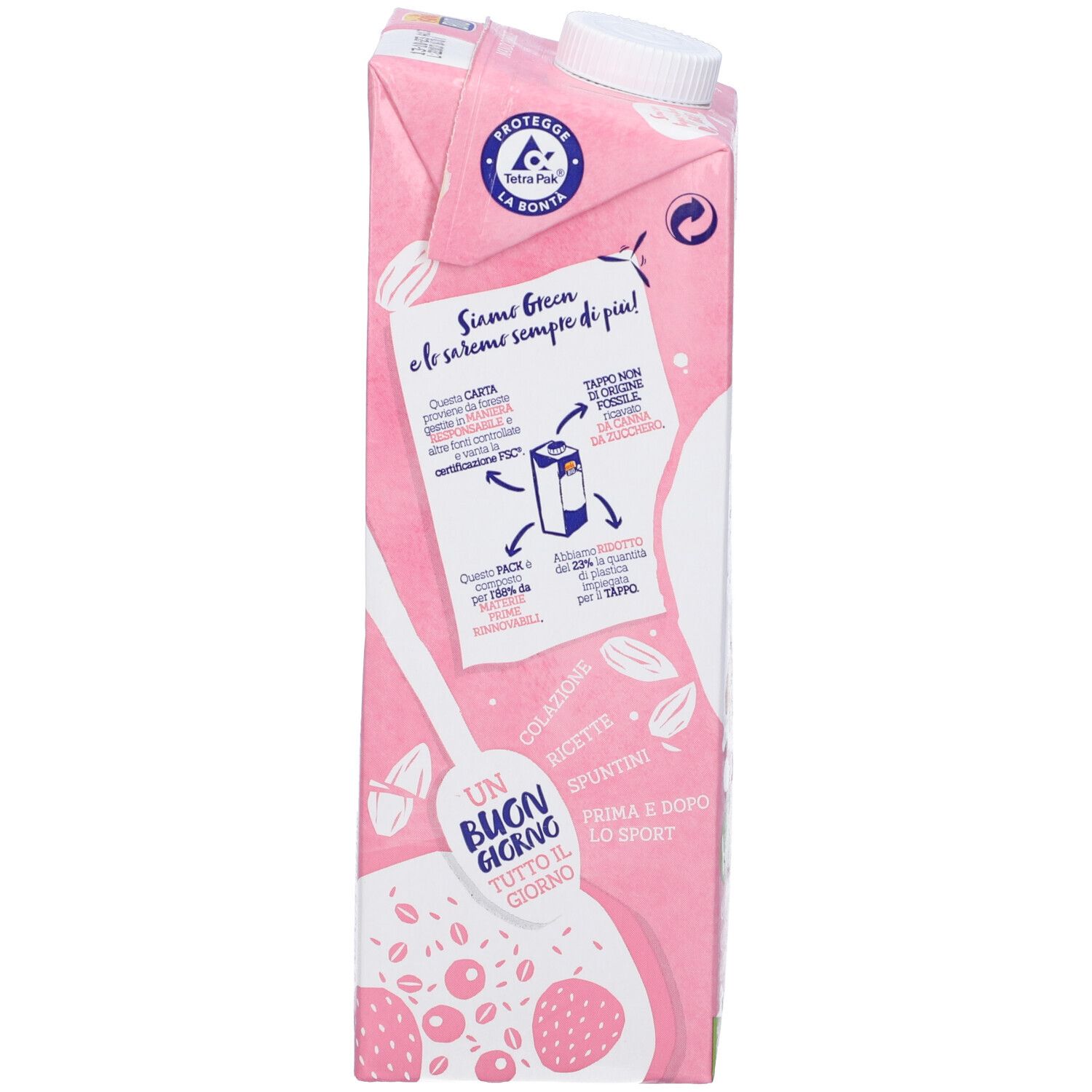 Retro della confezione rosa. Testo su sostenibilità, riciclo e ingredienti. Illustrazioni di ingredienti e utilizzo.