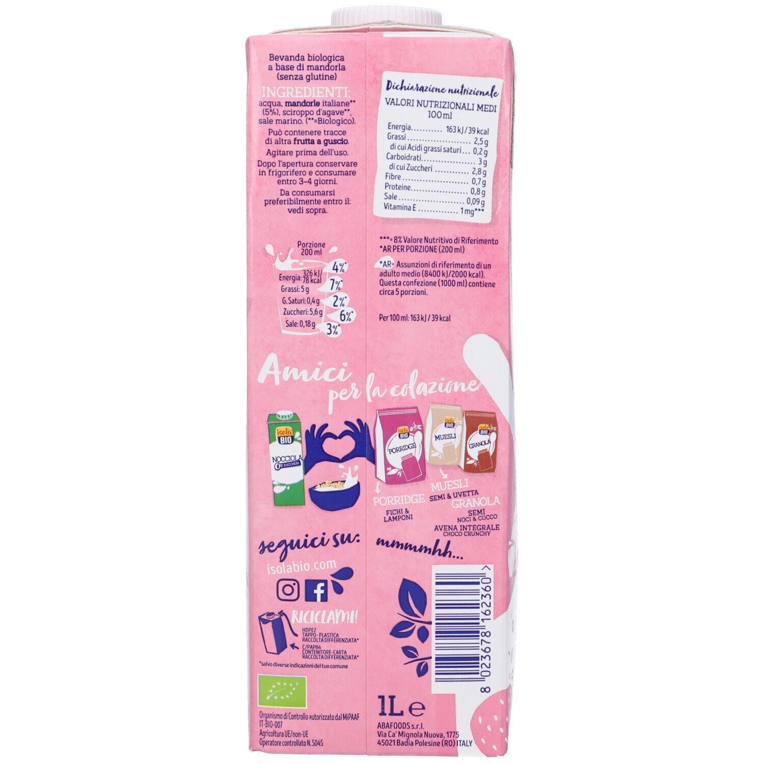 Retro della confezione rosa. Informazioni nutrizionali, elenco ingredienti e informazioni sul marchio. 1 litro.