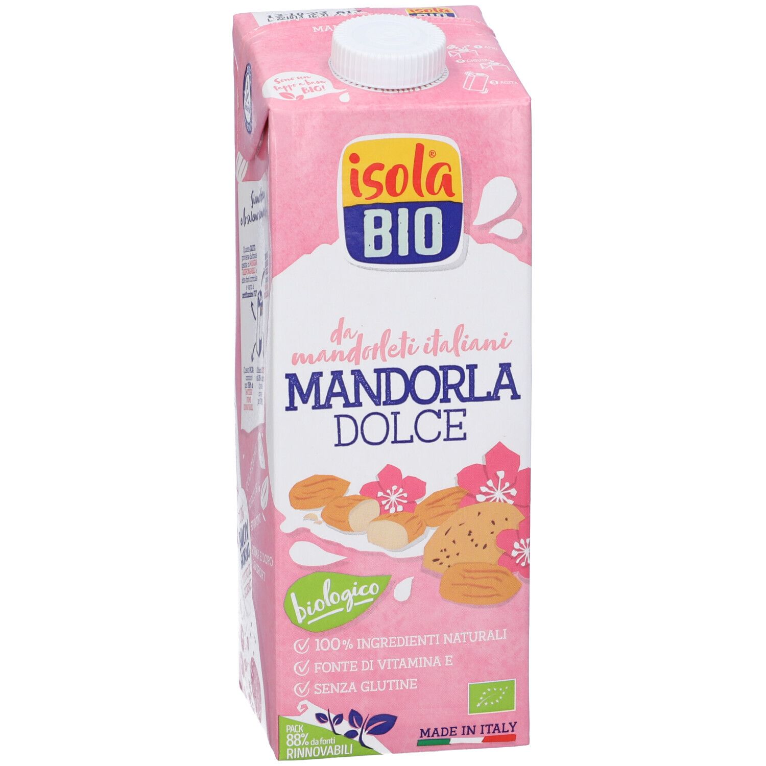 Confezione rosa "Isola Bio" con "Mandorla Dolce". Biologico, 100% naturale, vitamina E, senza glutine. Mandorle italiane.