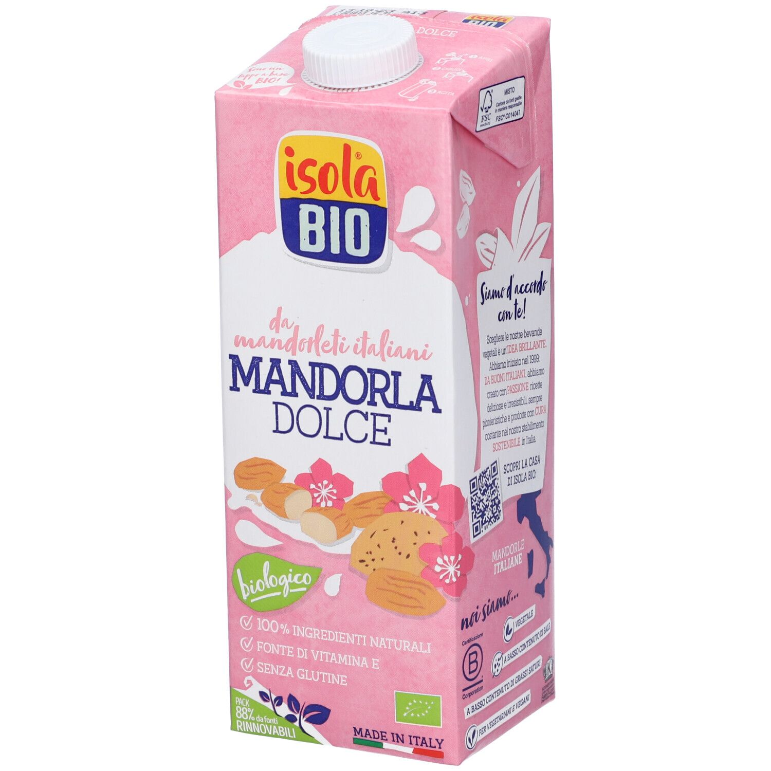 Confezione rosa "Isola Bio" con "Mandorla Dolce". Biologico, 100% naturale, vitamina E, senza glutine. Mandorle italiane.