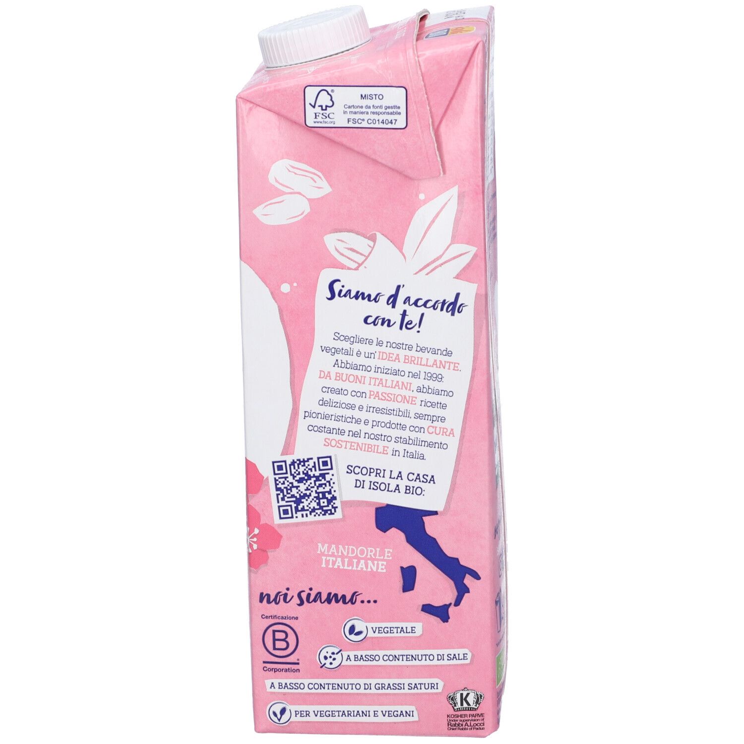 Retro della confezione rosa. Testo sul marchio, la sostenibilità e gli ingredienti. Certificazione FSC.
