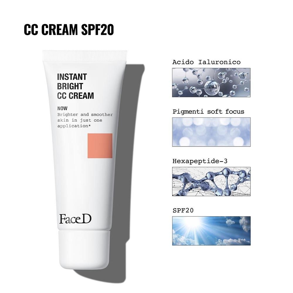 Weiße Tube "CC CREAM SPF20". Inhaltsstoffe: Hyaluronsäure, Pigmente, Hexapeptid-3, SPF20.