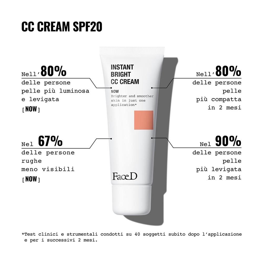 Diagramm mit Ergebnissen zur CC Cream. 80% hellere Haut, 67% weniger Falten, 90% glattere Haut.