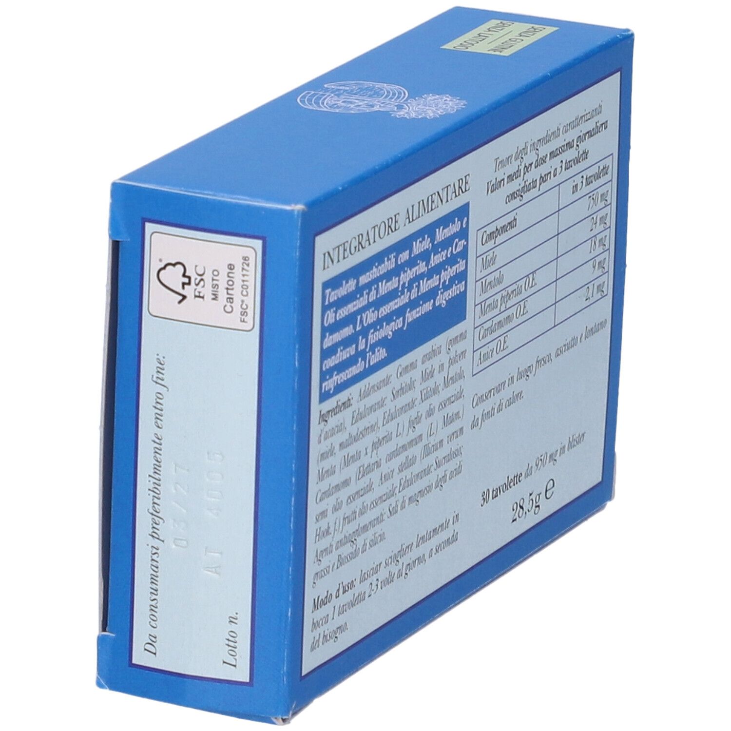 Alito Fresco Nahrungsergänzungsmittel-Schachtel, blau mit Kräutern und Sternanis.
