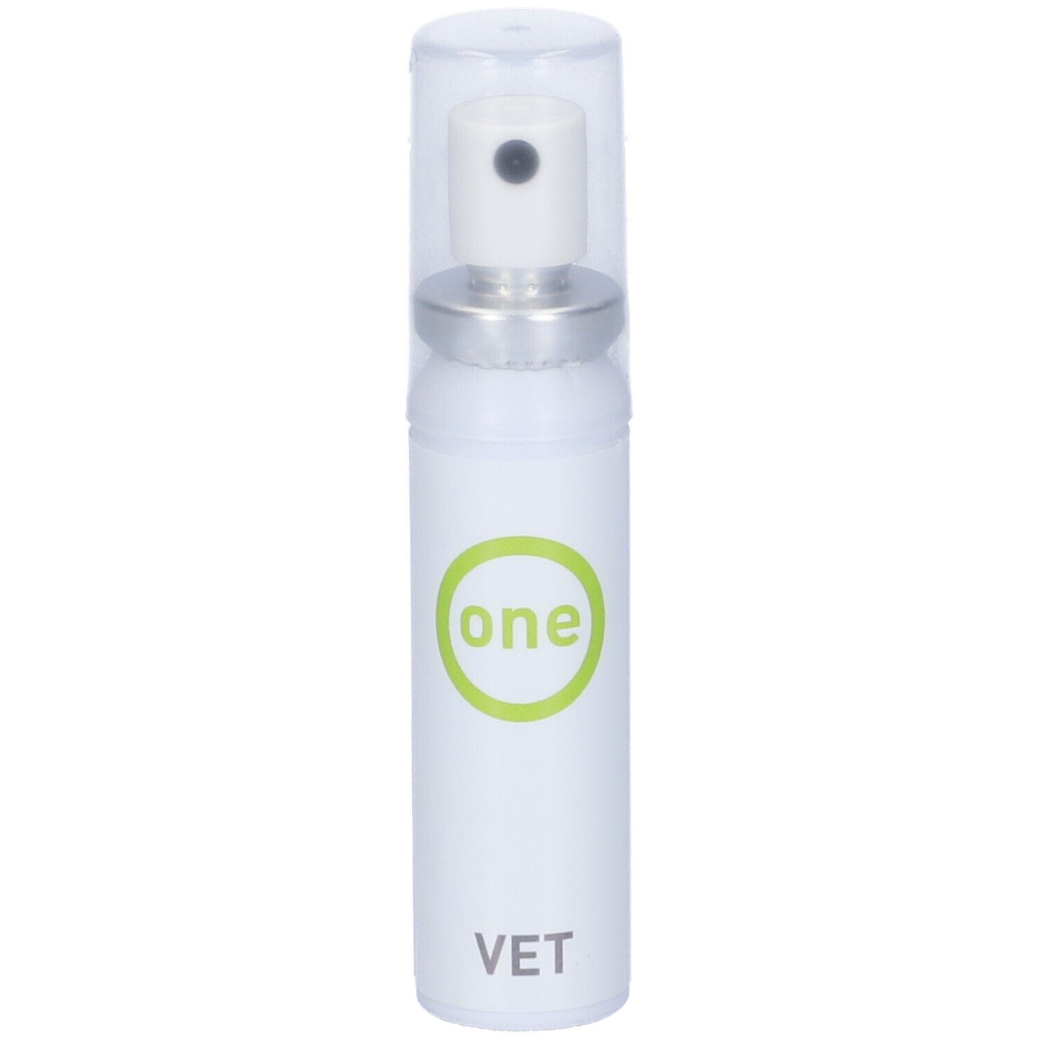 Flacone spray bianco con coperchio trasparente. Testina argentata. Logo verde circolare con "one" e scritta VET.