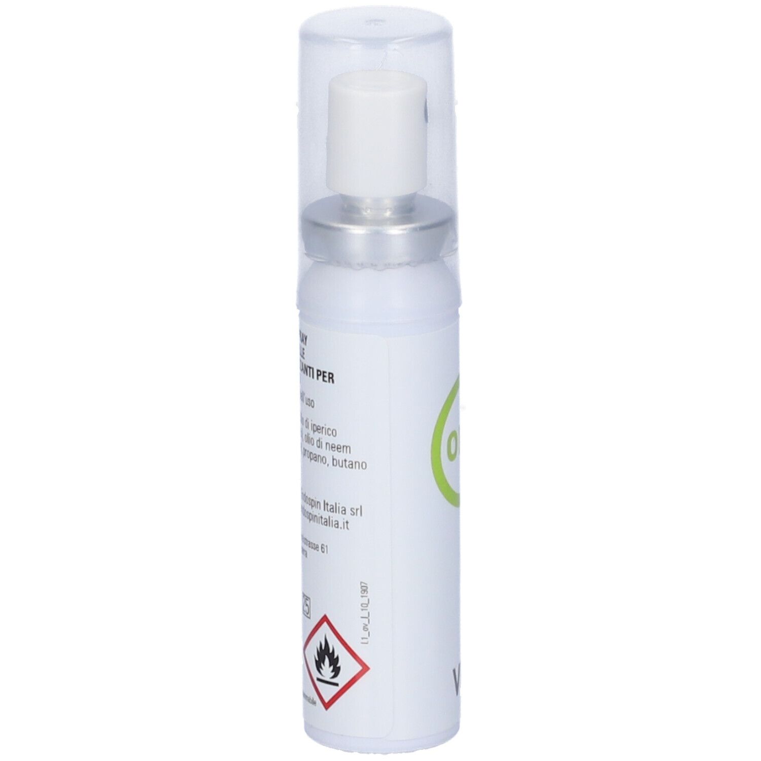 Flacone spray bianco con coperchio trasparente. Testina argentata. Testo e loghi sul flacone. Simbolo di pericolo.