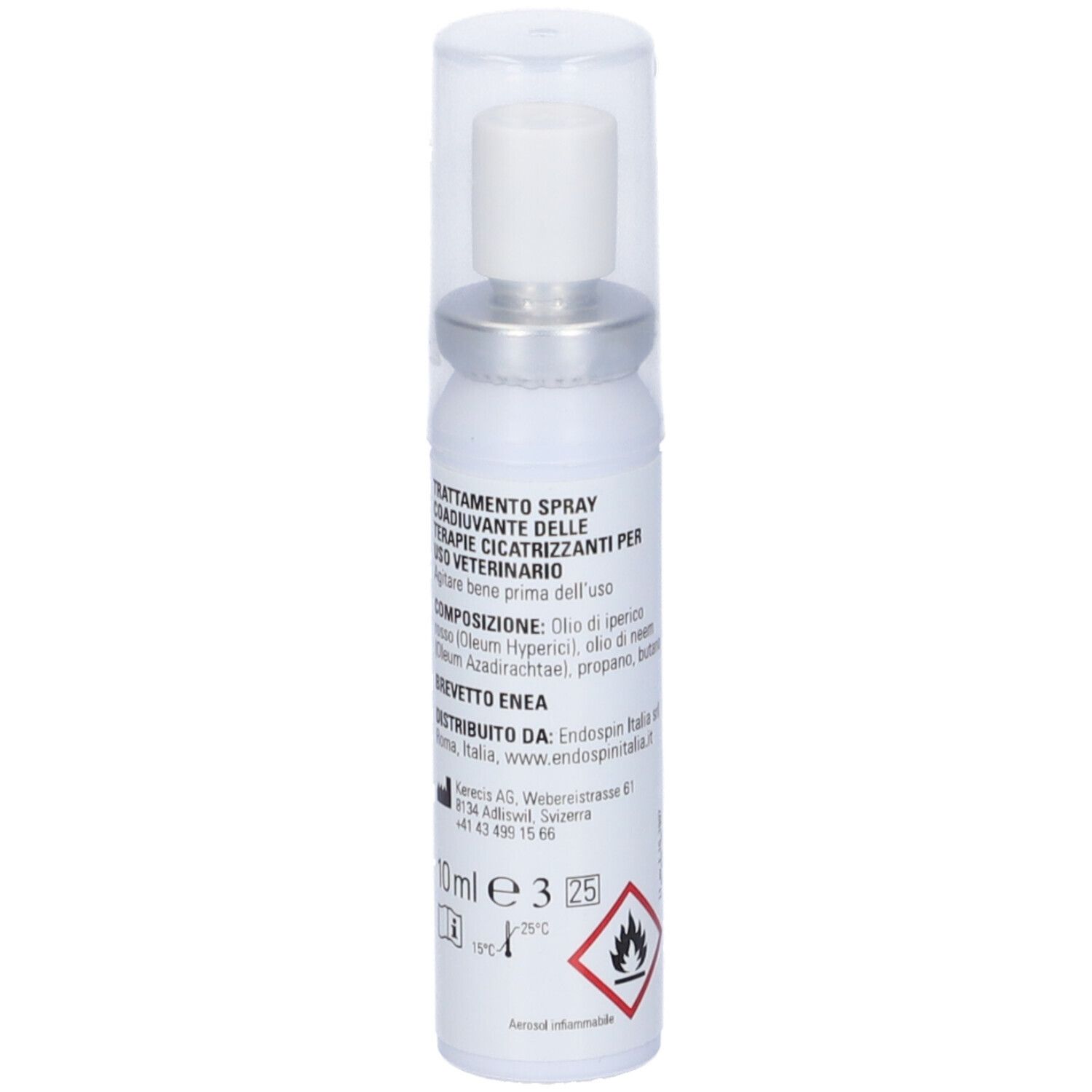 Flacone spray bianco con coperchio trasparente. Testina argentata. Testo e loghi sul flacone. Simbolo di pericolo.