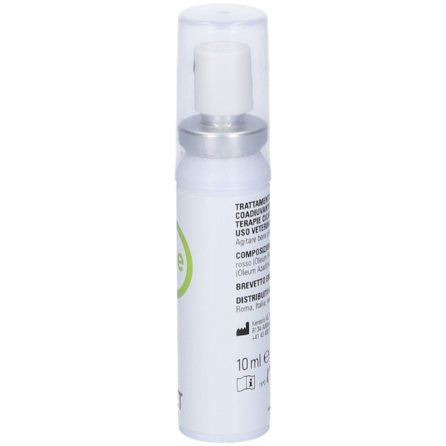 Flacone spray bianco con coperchio trasparente. Testina argentata. Testo e loghi sul flacone. Simbolo di pericolo.
