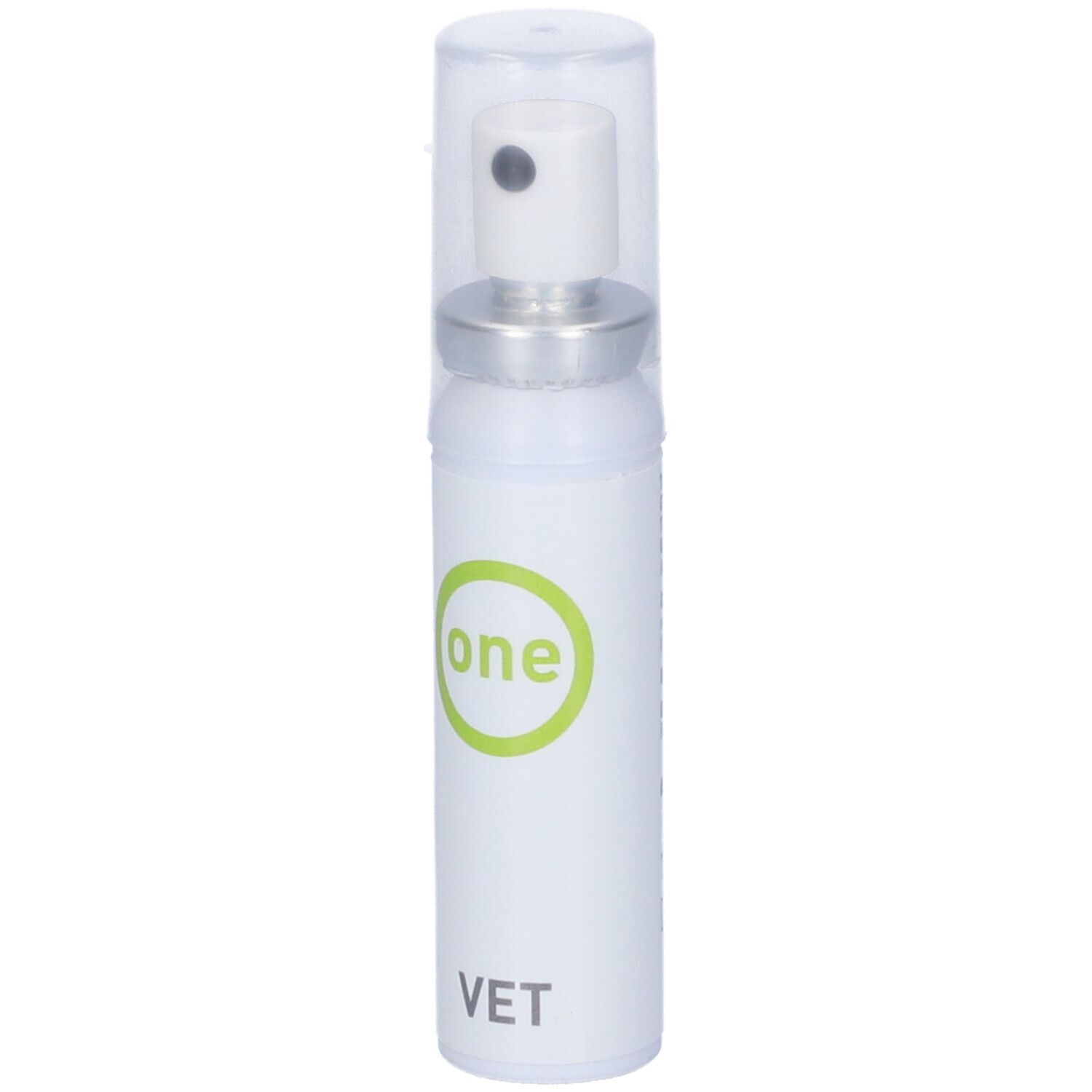 Flacone spray bianco con coperchio trasparente. Testina argentata. Logo verde circolare con "one" e scritta VET.