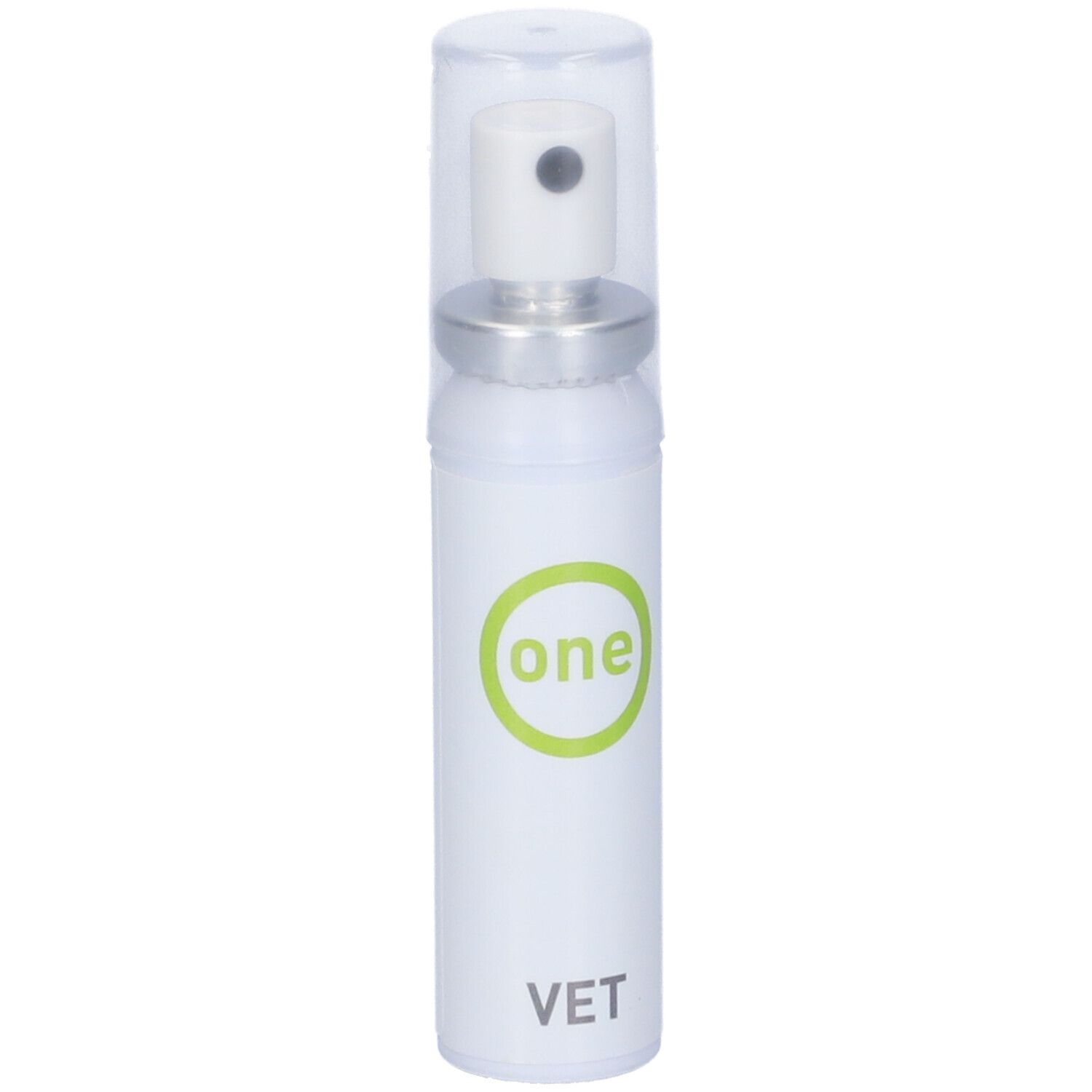 Flacone spray bianco con coperchio trasparente. Testina argentata. Logo verde circolare con "one" e scritta VET.