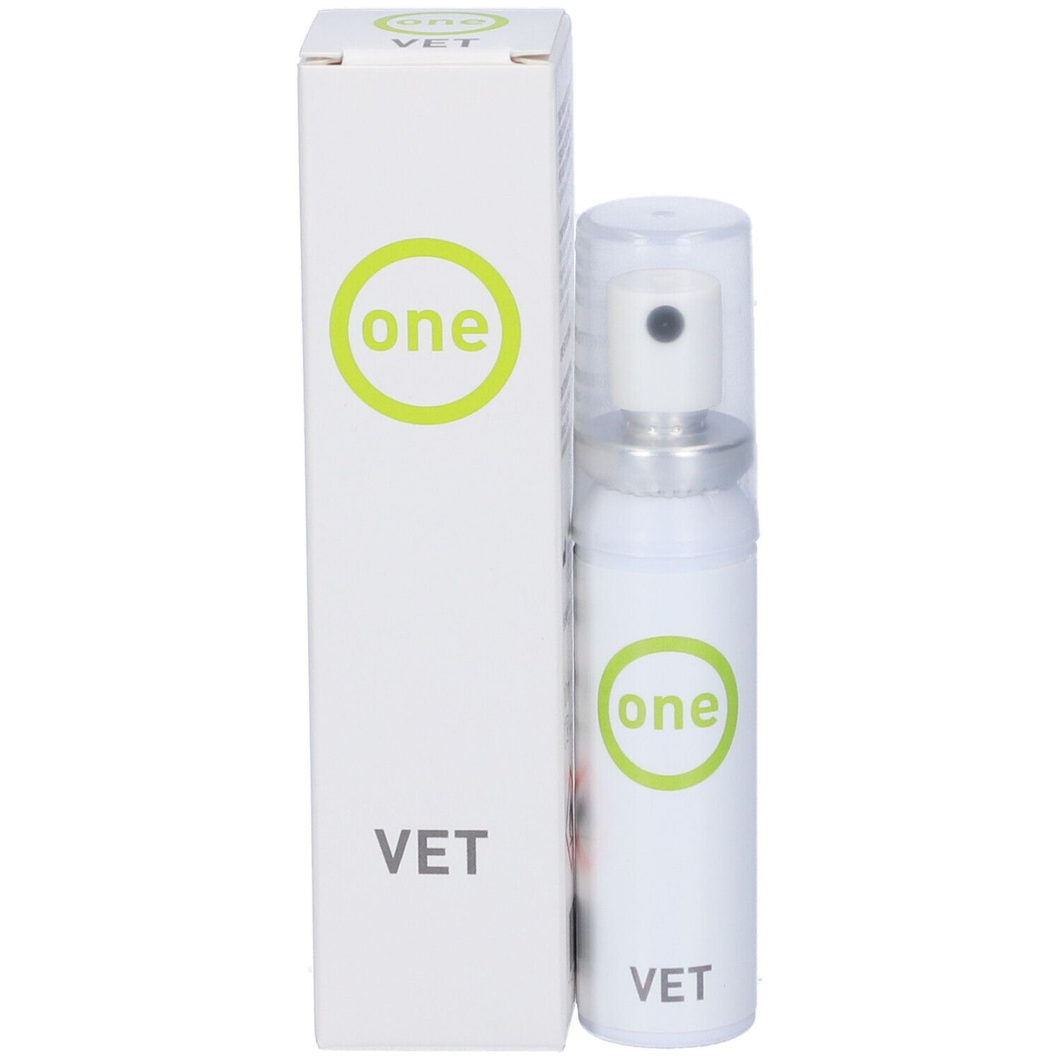 Flacone spray bianco con confezione. Flacone con coperchio trasparente, testina argentata. Confezione con logo e scritta VET.
