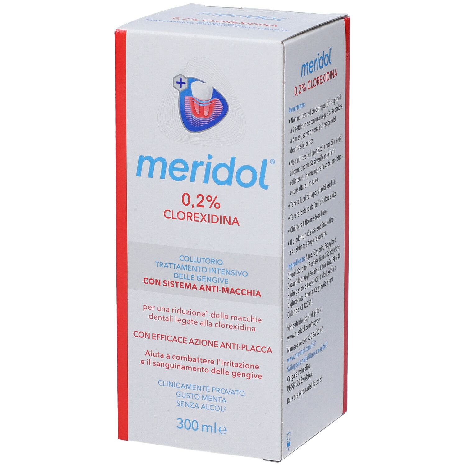 Confezione bianca con testo blu e rosso. Contiene collutorio. Scritta: Meridol Clorexidina 0,2%.