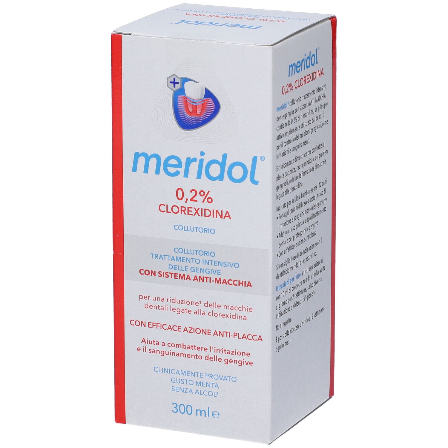 Confezione bianca con testo blu e rosso. Contiene collutorio. Scritta: Meridol Clorexidina 0,2%.