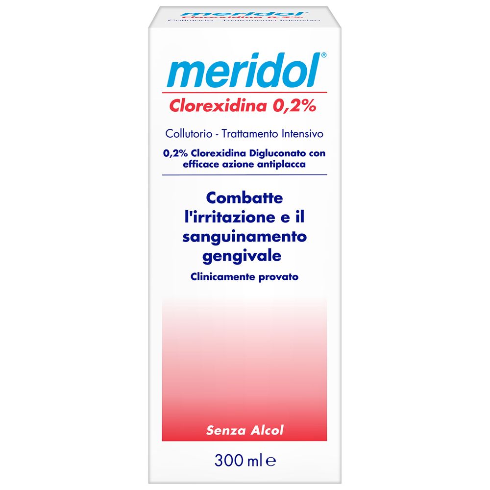 Confezione bianca con testo blu e rosso. Contiene collutorio. Scritta: Meridol Clorexidina 0,2%.