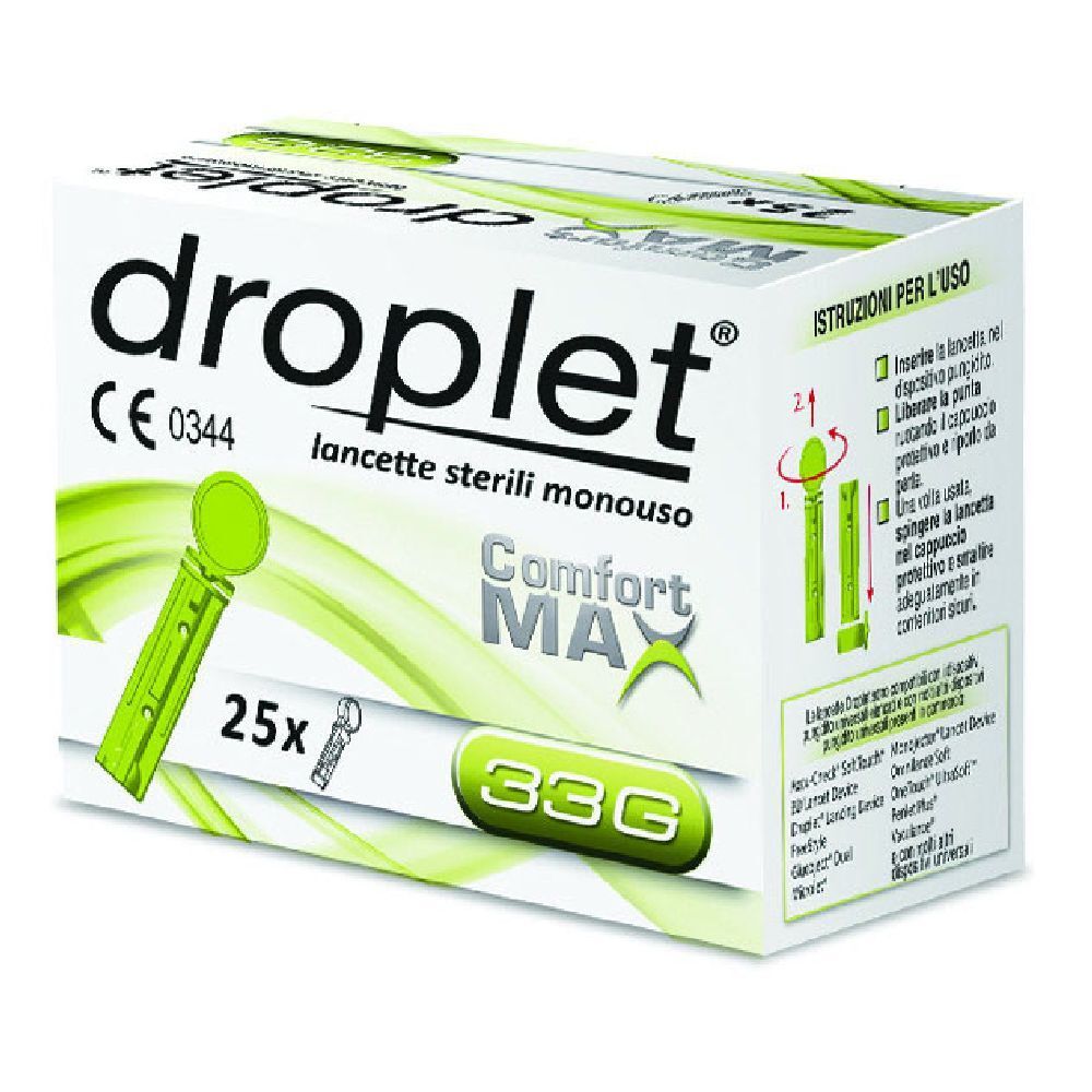 Scatola di lancette 'droplet'. Contiene 25 lancette sterili monouso. 'Comfort MAX' e '33G' sono indicati sulla confezione.