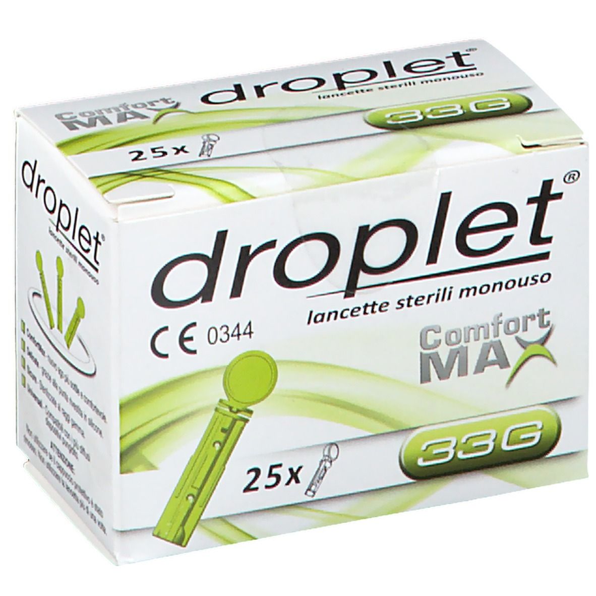Scatola di lancette 'droplet'. Contiene 25 lancette. 'Comfort MAX' e '33G' sono indicati sulla confezione. Marchio CE.
