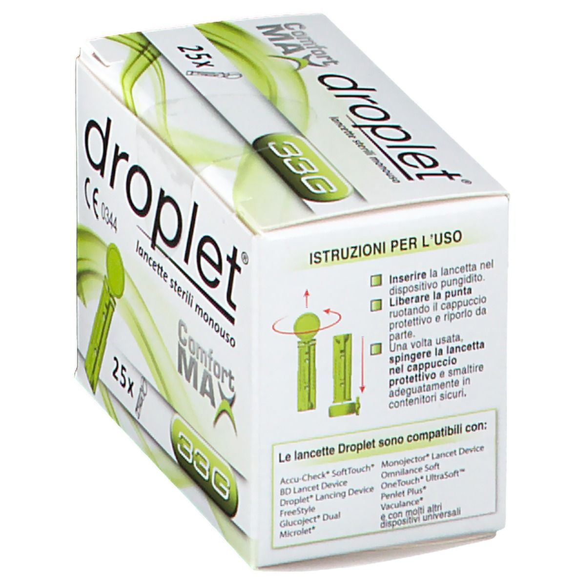 Scatola di lancette 'droplet'. Contiene 25 lancette. 'Comfort MAX' e '33G' sono indicati sulla confezione. Istruzioni per l'uso.