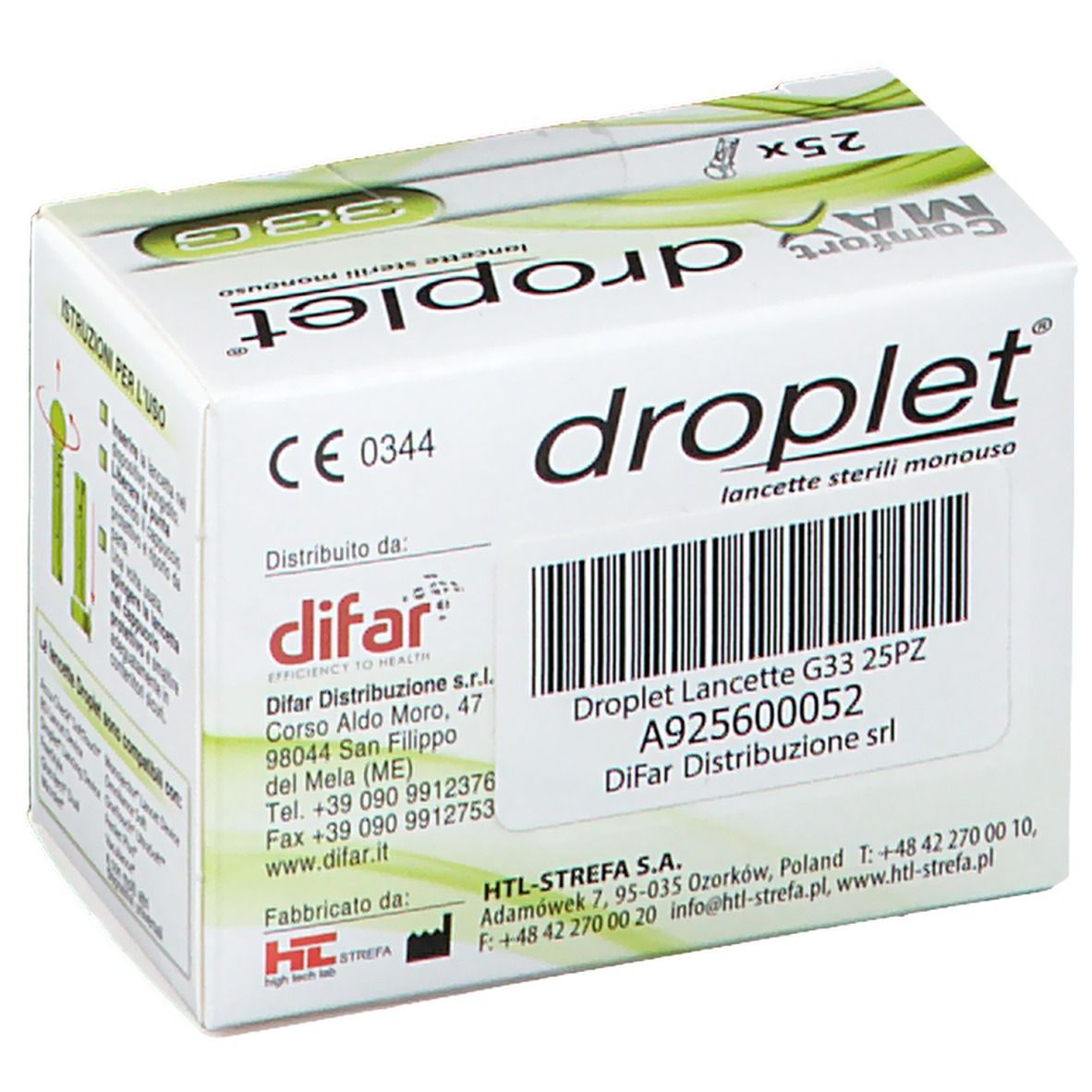 Scatola di lancette 'droplet'. Contiene 25 lancette. 'Comfort MAX' e '33G' sono indicati sulla confezione. Informazioni produttore.