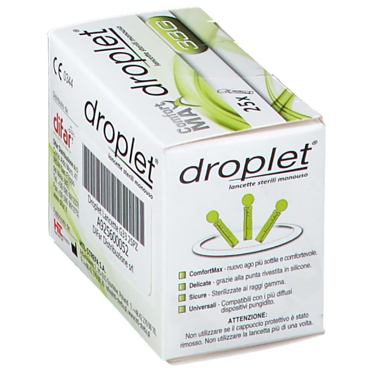 Scatola di lancette 'droplet'. Contiene 25 lancette. 'Comfort MAX' e '33G' sono indicati sulla confezione. Informazioni produttore.