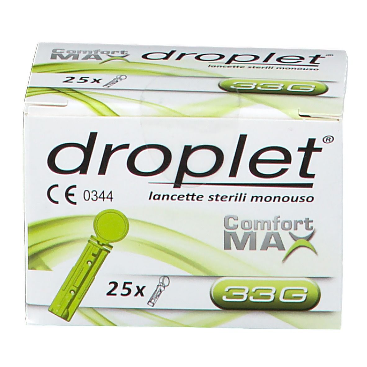 Scatola di lancette 'droplet'. Contiene 25 lancette. 'Comfort MAX' e '33G' sono indicati sulla confezione. Marchio CE.