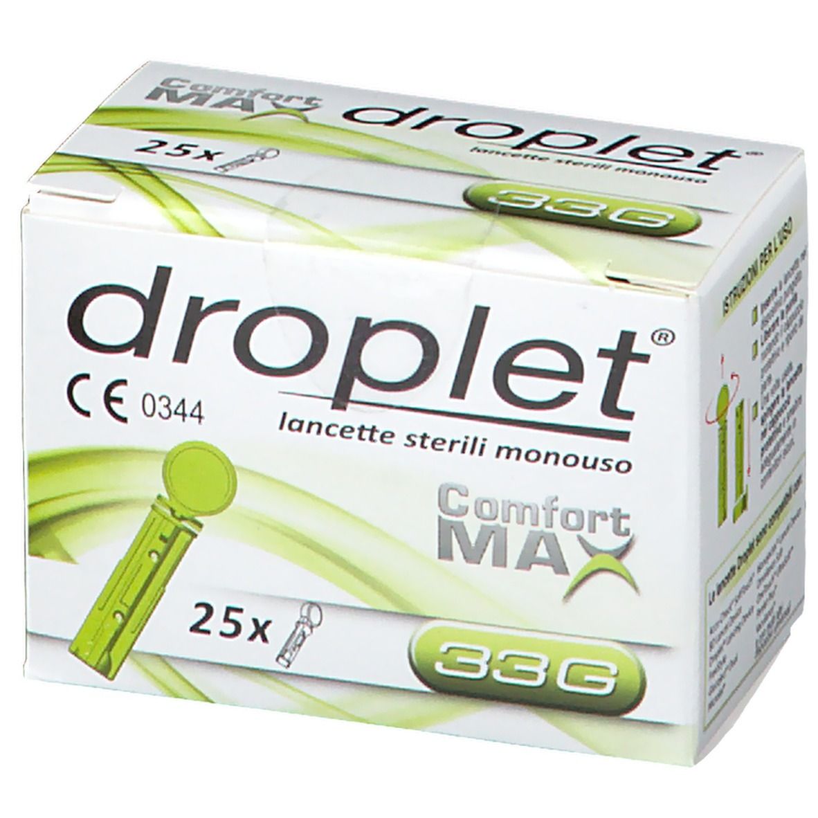 Scatola di lancette 'droplet'. Contiene 25 lancette. 'Comfort MAX' e '33G' sono indicati sulla confezione. Marchio CE.