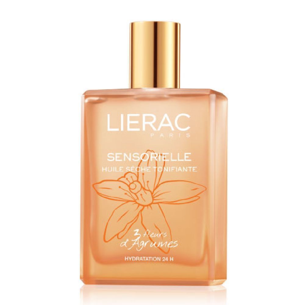Flacone trasparente con tappo dorato. Scritte: Lierac, Sensorielle, Huile Seche Tonifiante, 3 Fleurs d'Agrumes. Disegno arancione di un fiore.