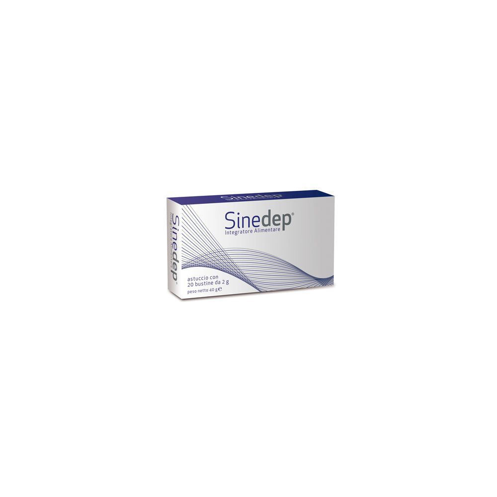Scatola con nome del prodotto e onda blu. Testo: Integratore Alimentare. 20 bustine.