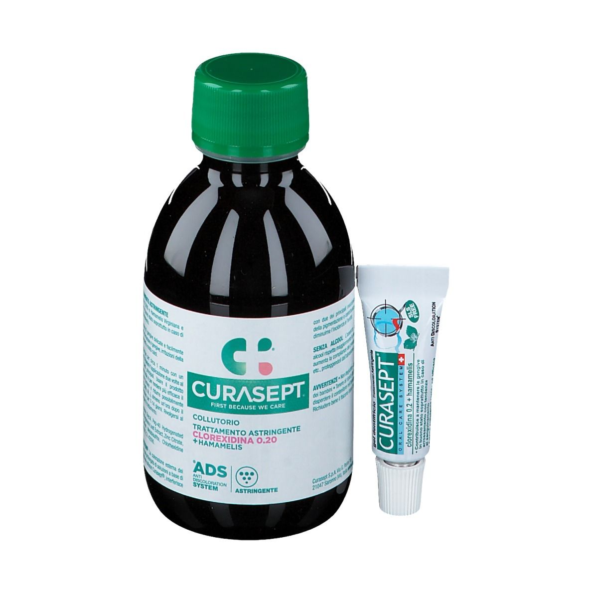 Flacone di liquido e tubetto. Scritte: CURASEPT, Clorexidina 0,20 + Hamamelis. Senza alcool.