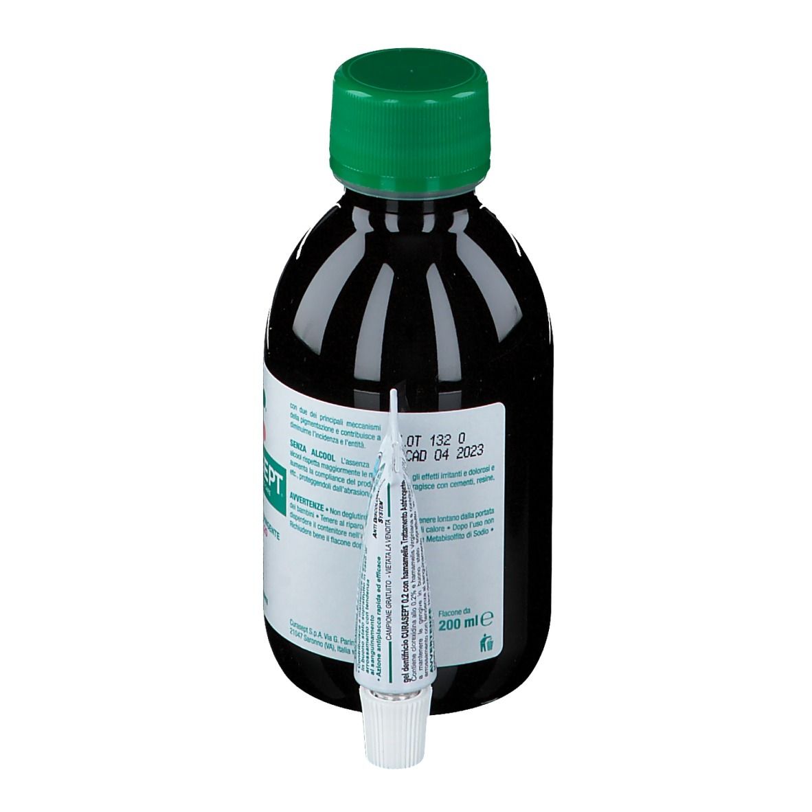 Flacone di liquido e tubetto. Scritte: CURASEPT, Clorexidina 0,20 + Hamamelis. Senza alcool.