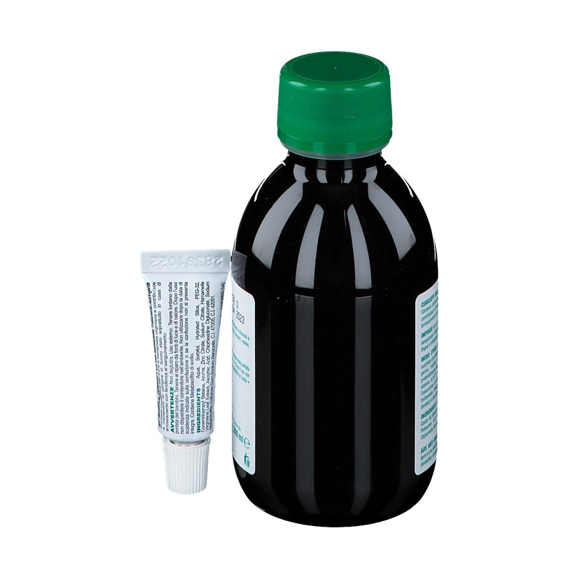 Flacone di liquido e tubetto. Scritte: CURASEPT, Clorexidina 0,20 + Hamamelis. Senza alcool.
