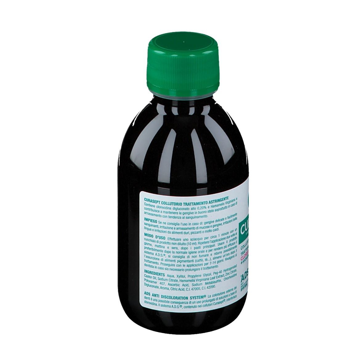 Flacone di liquido con tappo verde. Scritte: CURASEPT, Clorexidina 0,20 + Hamamelis. Senza alcool.