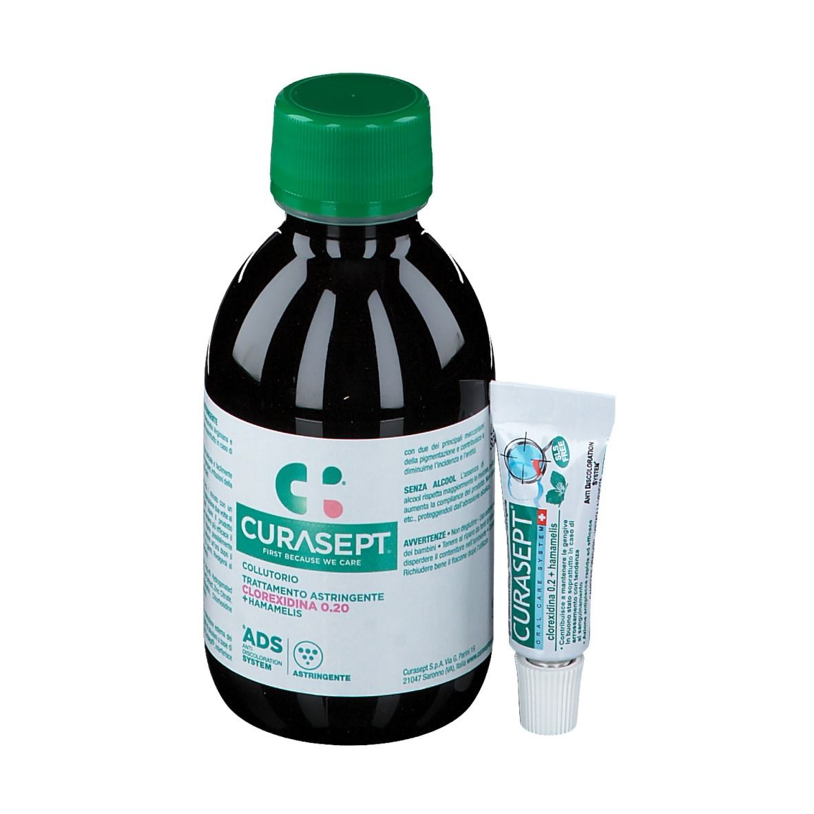 Flacone di liquido e tubetto. Scritte: CURASEPT, Clorexidina 0,20 + Hamamelis. Senza alcool.