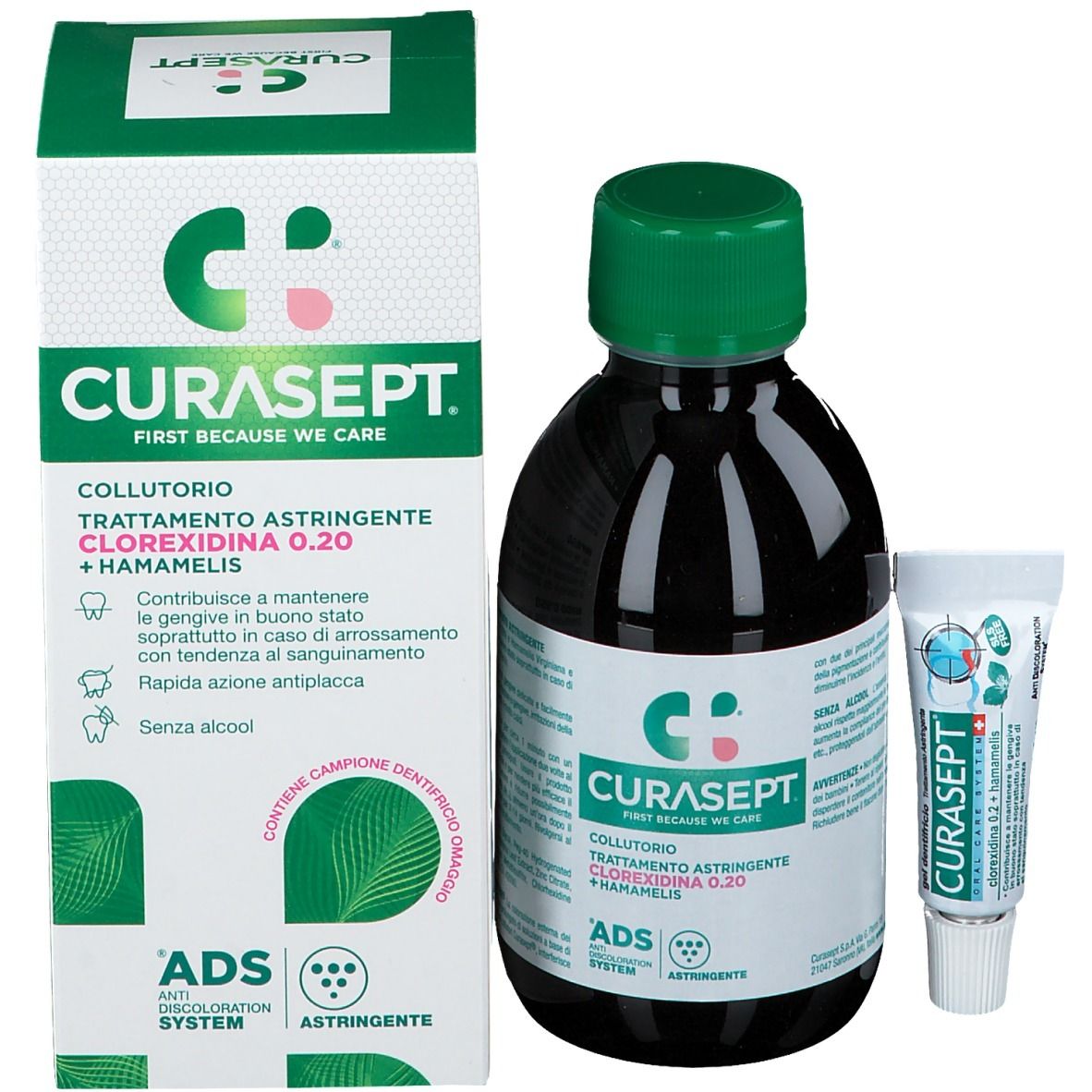 Confezione con flacone e tubetto. Scritte: CURASEPT, Clorexidina 0,20 + Hamamelis. Senza alcool.