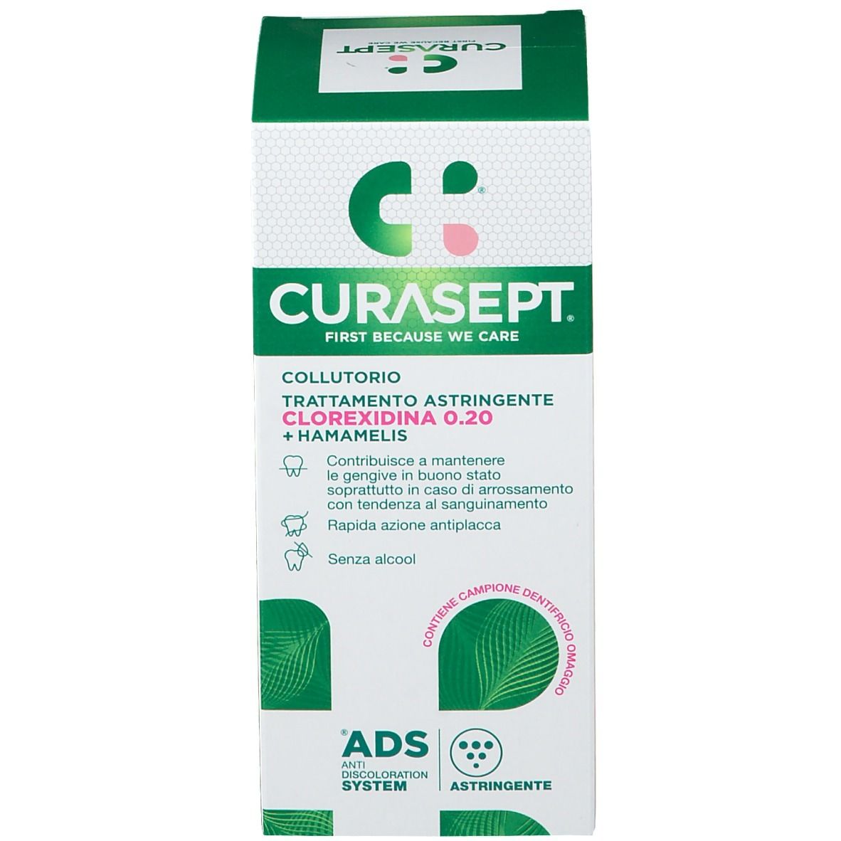 Confezione. Scritte: CURASEPT, Clorexidina 0,20 + Hamamelis. Senza alcool.